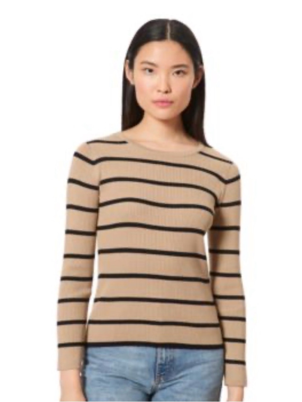 Halogen Tan Long Sleeve Striped Tee with Black Stripes